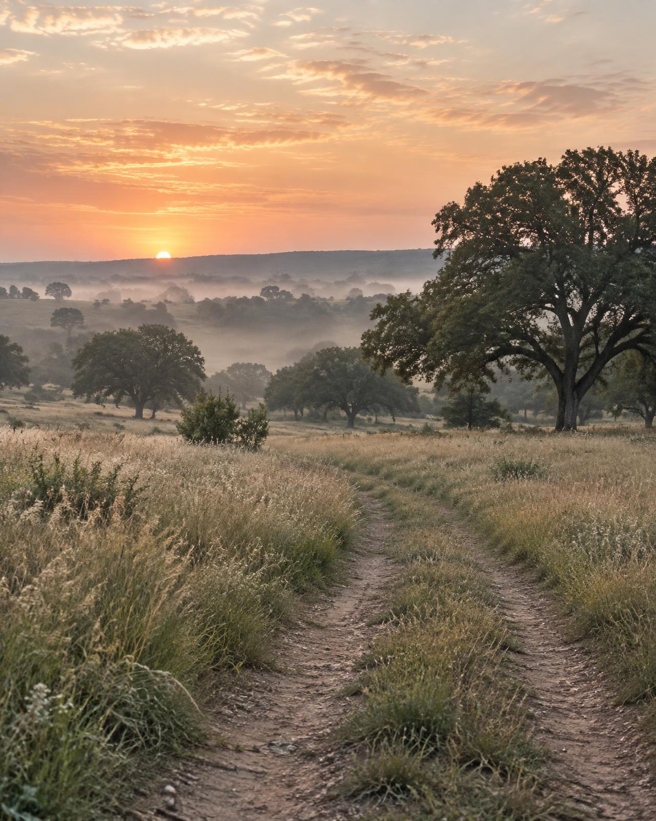 A dirt path opening through tall grass toward oak trees under a soft Texas sunrise