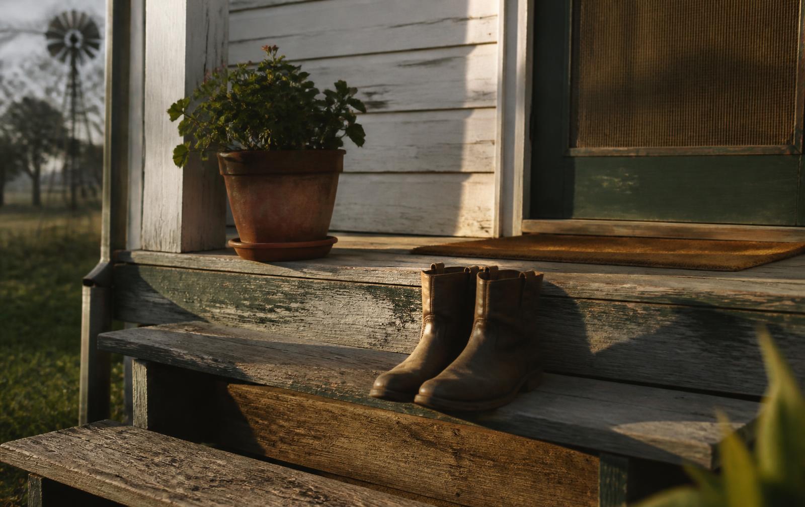 Weathered porch steps in late light with a potted geranium and a pair of worn boots